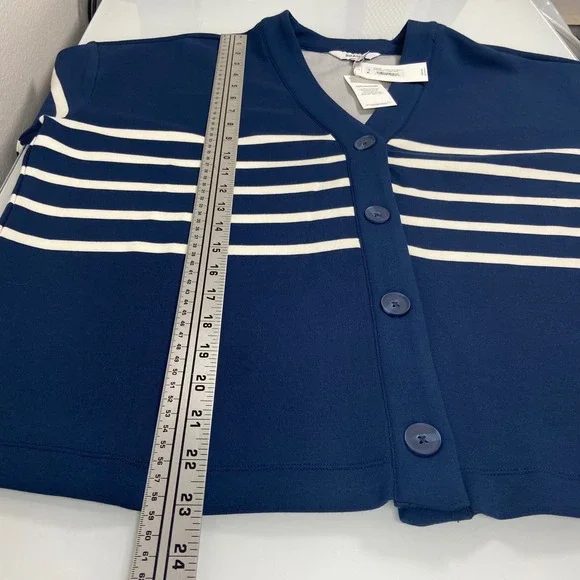 SPANX Women's L AirEssentials Cardigan Stripe Navy White Button Front V Neck NEW - Picture 7 of 9